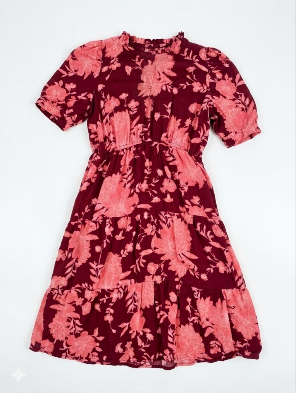 Draper James Burgundy and Coral Ruffled Neckline Dress Xs Cottage Core Croquet